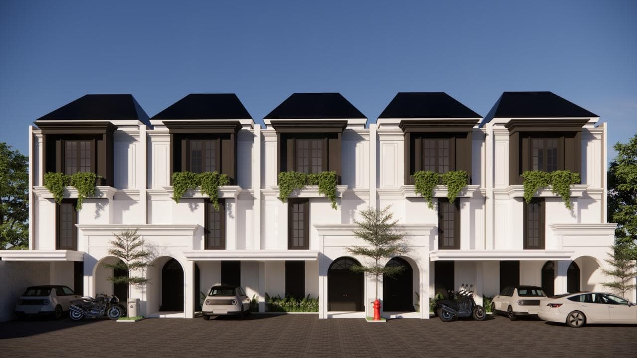Tampak depan Hekfield Rempoa dengan townhouse bergaya Eropa berwarna putih dan atap mansard gelap