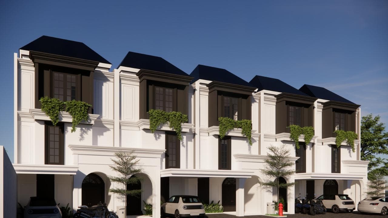 Sudut bangunan Hekfield Rempoa dengan townhouse putih bergaya Eropa, atap mansard gelap, dan tanaman rambat